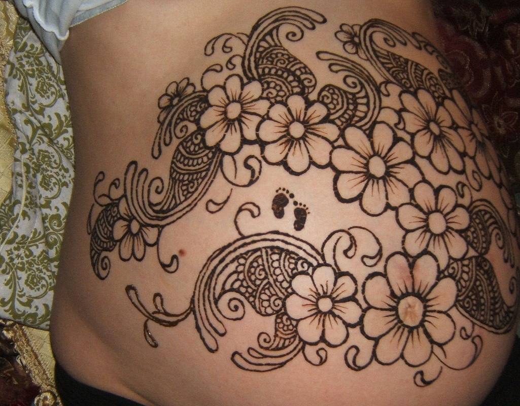 Harmless Henna Floral Drawing Art Boho Pregnant Woman Tummy